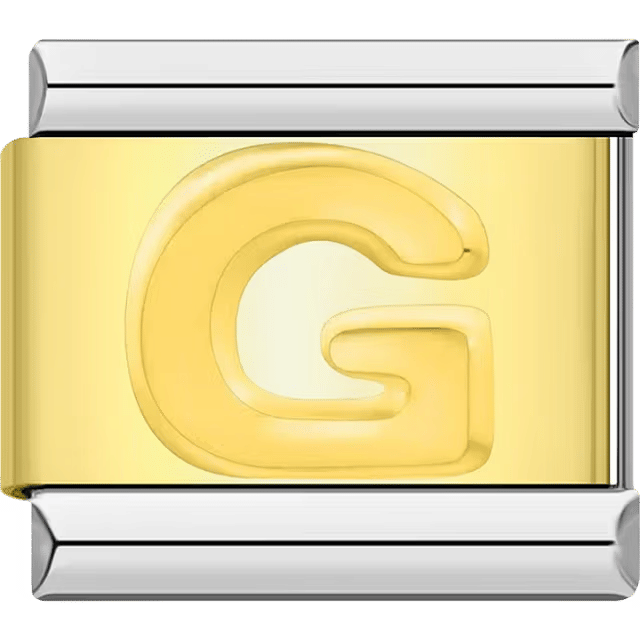 Gold Italian charm link with a raised letter "G" on a polished gold surface and silver edges.